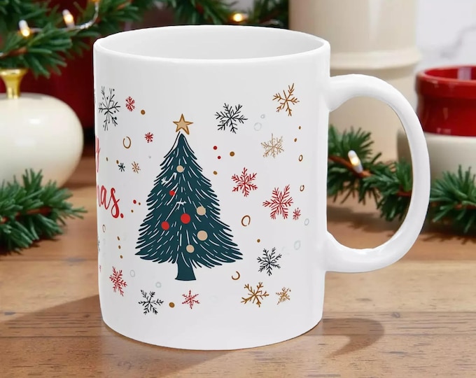 Merry Christmas Ceramic Mug – Festive Snowflakes & Pine Tree Holiday Coffee Cup