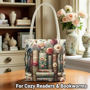 A handbag with a floral design printed on it, placed on a wooden table in a room with a bookshelf and vases in the background.