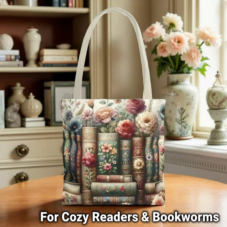 A handbag with a floral design printed on it, placed on a wooden table in a room with a bookshelf and vases in the background.