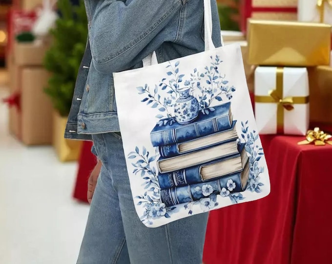 Blue Floral Books Canvas Tote Carryall Shopping Bag