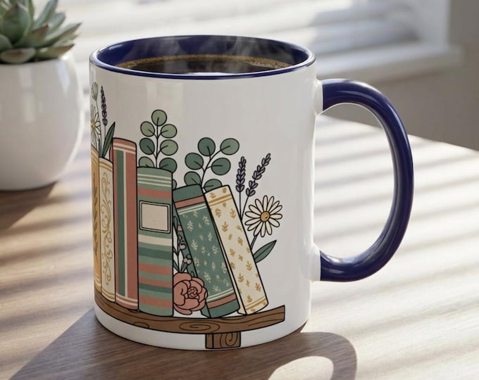 Floral Vintage Bookstack Accent Coffee Mug — Literary Cozy Gift
