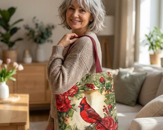 Cardinal Bird Floral Polyester Tote Bag, Holiday Book Bag