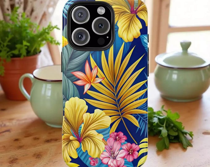 Tropical Floral Phone Case, Bold Blue & Yellow (Shock Resistant)