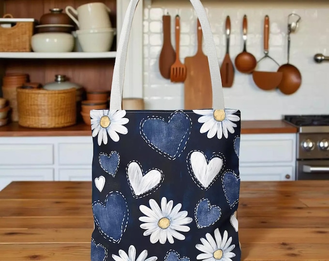 Tote Bag: Navy Blue with Daisies and Hearts - Casual Carryall Book Bag