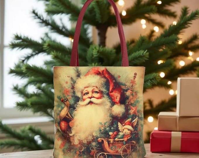 Vintage Look Santa Christmas Carryall Tote Bag, Shopping Book Bag