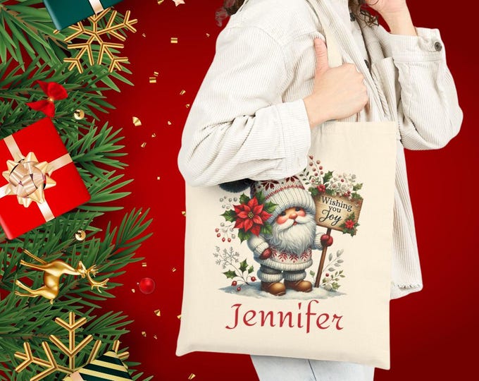 Personalized Christmas Gnome Tote Bag, Custom Holiday Shopper, Eco-Friendly Gift, Cute Winter Bag, Fun Seasonal Carrier