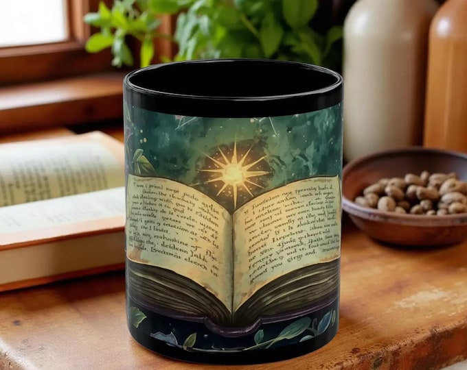 Magic Book Mug, Black Ceramic Coffee Cup with Sunburst Illustration, Cozy Reading Vibe, Book Lovers Gift, Dawn Inspired Design