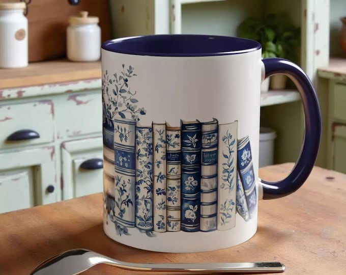Blue Delft Ceramic Mug - Books Design for Coffee or Tea Lovers 11oz