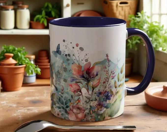 Floral Butterfly Navy Blue Accent Coffee Mug