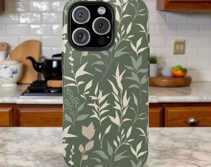Green Floral Tough Phone Case: Elegant Leaf Design