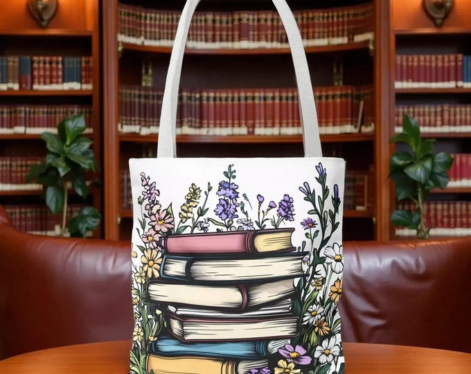 Floral Book Stack Tote Bag: Canvas, Colorful Illustration Shopping Carryall