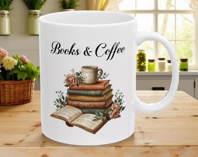 Rustic Floral Books & Coffee Mug: Book Lover's Illustration