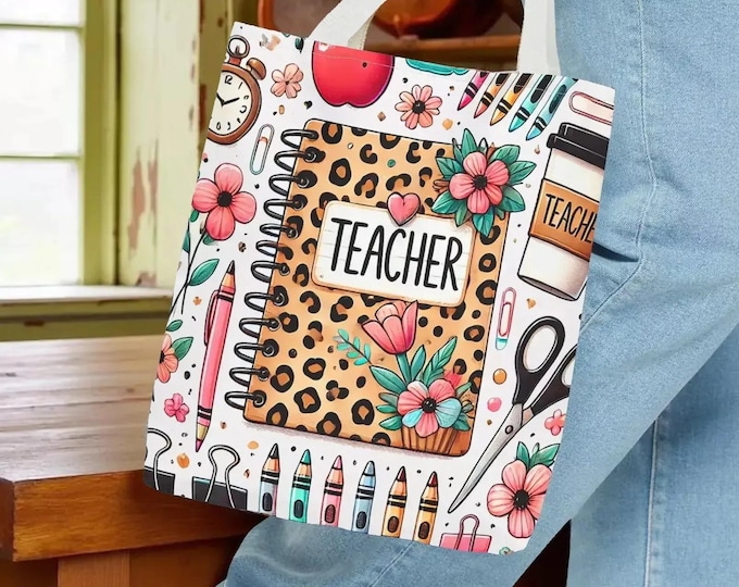 Leopard Print Teacher Tote Carryall Book Bag - Floral Design, Roomy and Durable