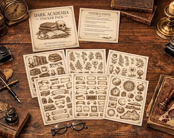 Dark Academia Bookish Stickers • Vintage Sepia Engraving • Printable Sticker Pack • Journaling, Scrapbooking, Reading Planner Stickers