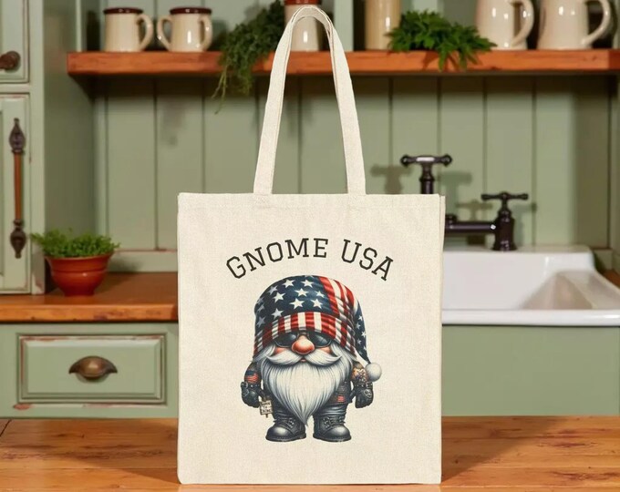 Gnome Tote Bag: Patriotic Cotton Canvas - 4th of July Style Shopping Carryall, Book Bag