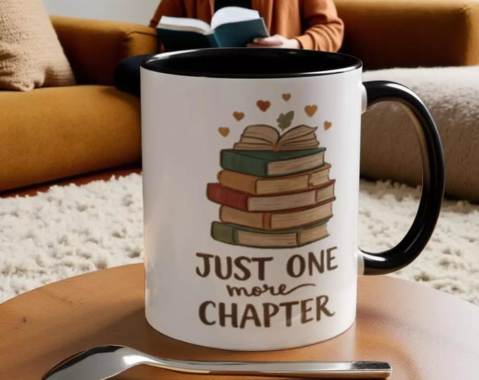 Just One More Chapter Coffee Tea Mug: Book Stack Design (White Ceramic, 11oz)
