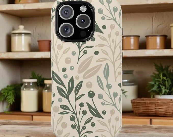 Durable Floral Phone Case - Sage Green and Beige Design
