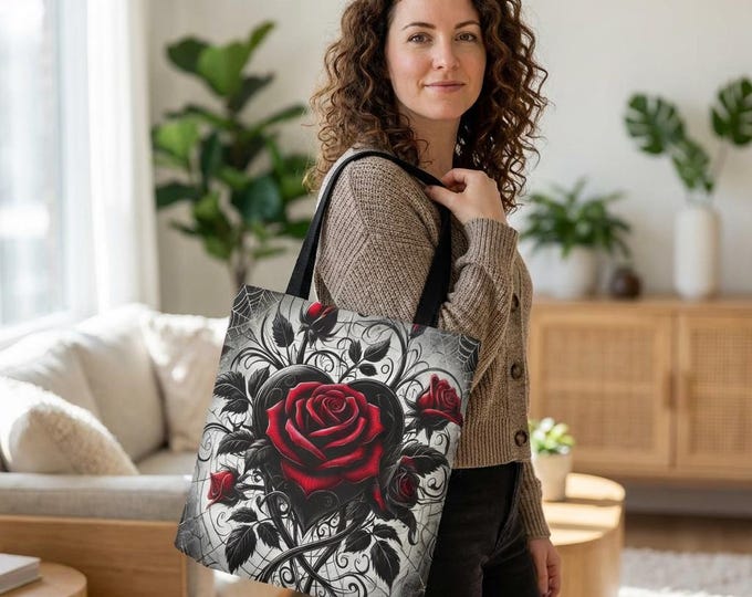 Gothic Floral Tote Bag, Heart & Roses Design (Multiple Sizes) Shopping Book Bag