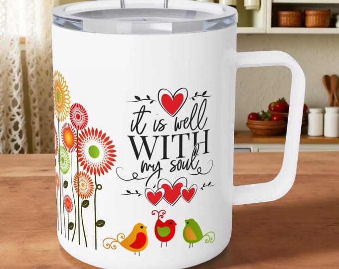 10oz Floral Insulated Coffee Mug - "It Is Well With My Soul" Reading Nook Book Lover Cup