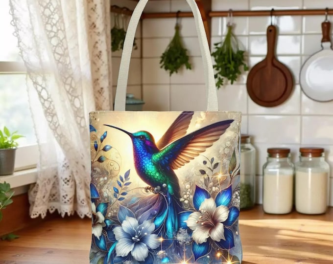 Hummingbird Floral Tote Bag — Vibrant Blue Bird & Blossoms