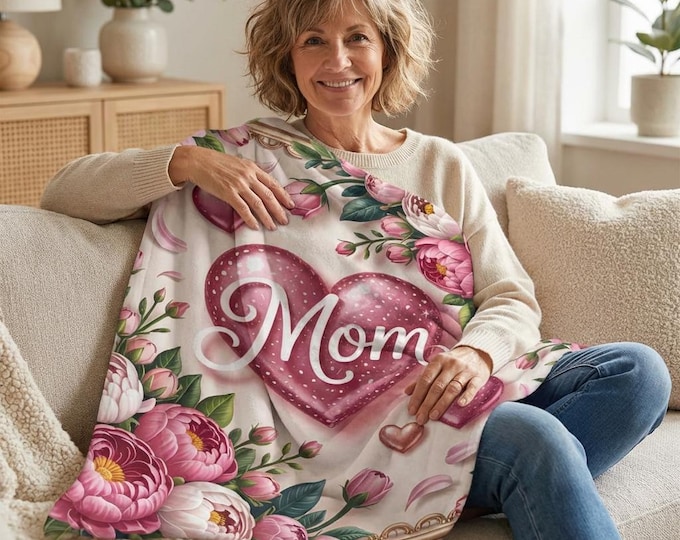 Mom Heart Floral Velveteen Plush Blanket – Mother’s Day Cozy Throw