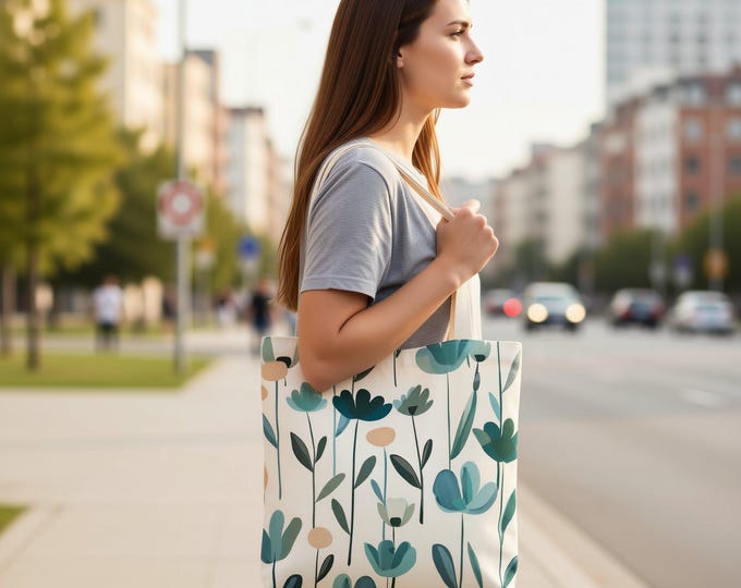 Floral Meadow Tote Bag - Teal Wildflower Pattern