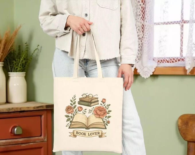 Book Lover Cotton Canvas Tote Bag - Floral Design, Fall Season Shopping Bag