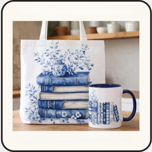 Blue Delft Book Lover Mug & Tote Gift Set | Literary Coffee Cup | Bookish Gift for Her | Library Mug | Reader Gift Vintage Book Stack Design