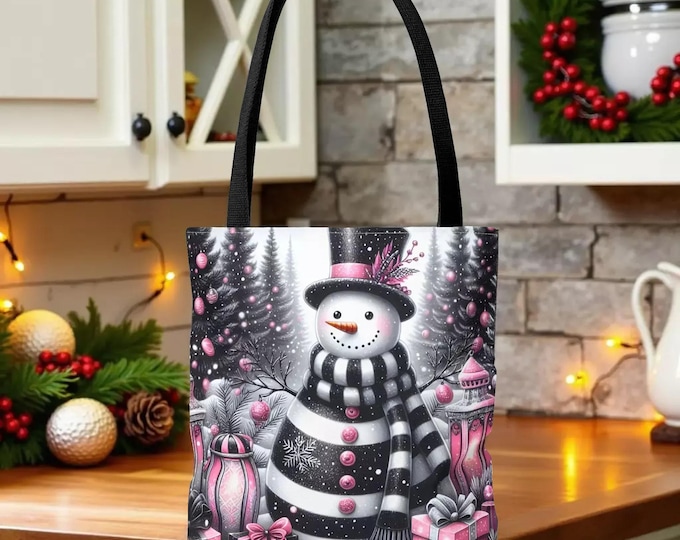 Snowman Tote Bag: Christmas Design - Pink and Black Holiday Style Gift Carryall Shopping
