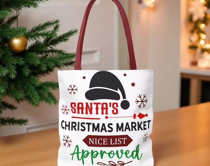 Christmas Market Tote: Santa Hat Print - Durable Holiday Bag, Shopping Book Bag