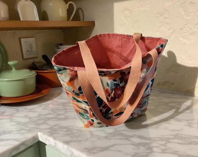 Peach Floral Cotton Tote Bag, Large Carryall (Everyday Use), Bookish Tote Bag, Cute Tote Bags, Floral Gift Bag