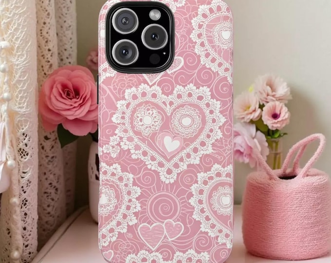 Pink Heart Phone Case - Stylish Lace Pattern for iPhone and Samsung