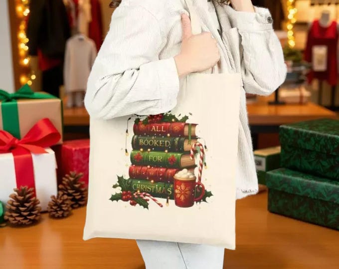 Festive Book Tote Bag - Cotton Canvas, Sturdy and Reusable Shopping Book Bag