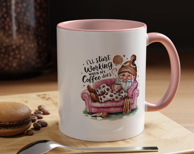 I'll Start Working When My Coffee Does Gnome Coffee Mug Pink & White Gift Cup