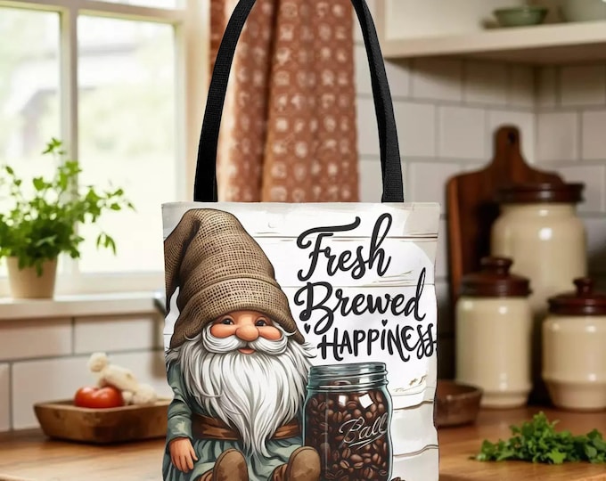 Whimsical Coffee Gnome Tote Bag - Fresh Brewed Happiness Design, Shopping Book Bag