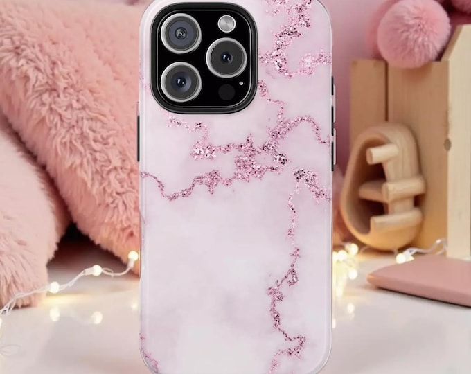 Phone Case: Feminine Pink Glitter Marble Design - Durable Shock Absorbing Cover
