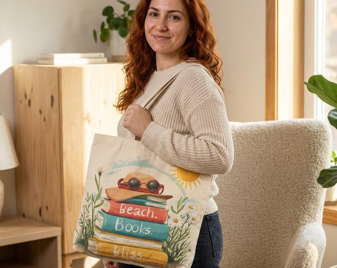 Beach Tote Bag: Book and Sunglasses Design - Casual Summer Style With Optional Travel Mug