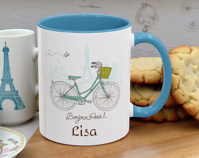 Personalized Parisian Bike Coffee Mug, Cute Gift for Coffee Lovers, Unique Accent Mug, Ideal for Birthdays, Housewarming, or Friends