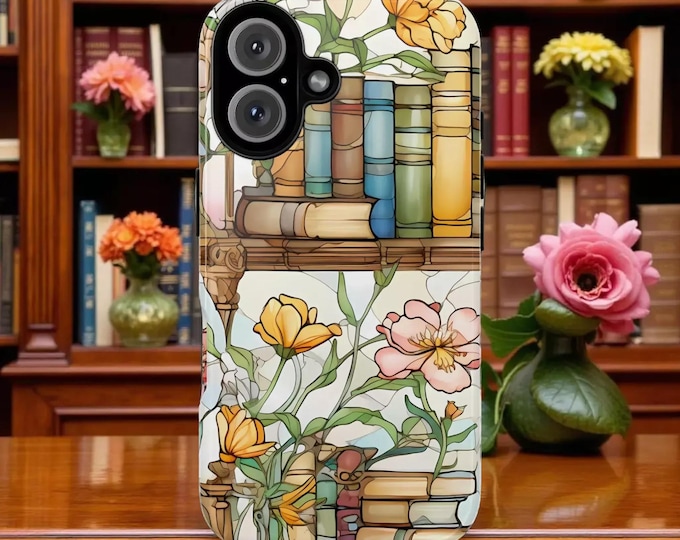 Phone Case: Vintage Books and Flowers Stained Glass Book Lover - Protective, Glossy Finish Cover