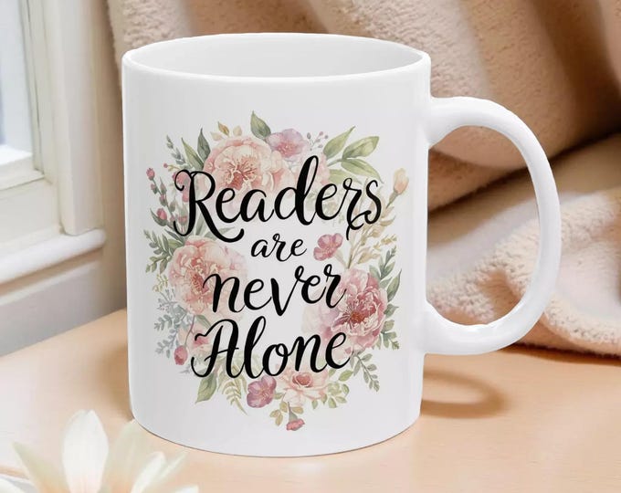 Floral Ceramic Mug 'Readers Are Never Alone' (White, 11oz)