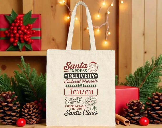 Santa Express Tote Bags - Personalized Christmas Canvas Carryall Book Gift Bags