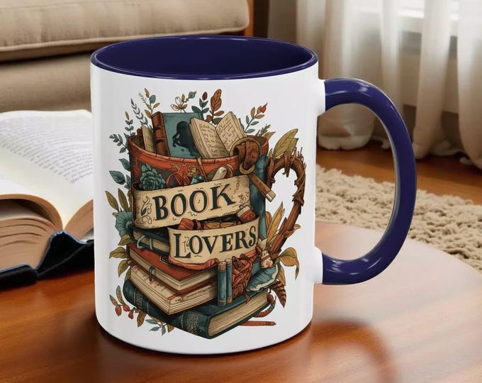 Book Lovers Coffee Mug, Stacked Books Illustration, 11oz Ceramic Mug with Colorful Handle, Reading Gift, Cozy Morning, Literary Gift