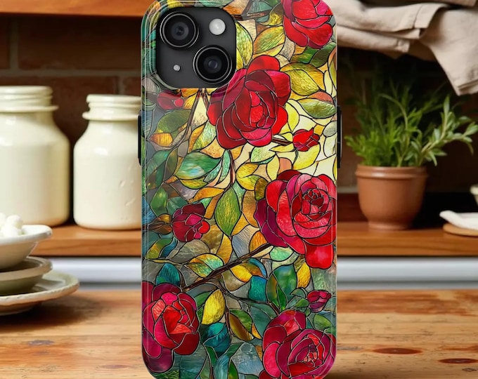 Stained Glass Red Rose Tough Phone Case — Floral Protective iPhone Samsung Cover
