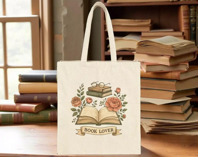 Book Lover Cotton Canvas Tote Bag - Floral Design, Fall Season Shopping Bag