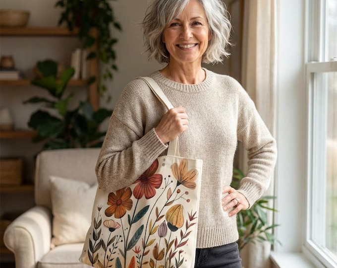 Wildflower Floral Tote Bag, Beige Autumn Design