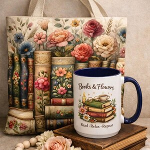 a handbag with a floral design, a blue mug with the text "Books & Flowers" and "Read - Relax - Repeat", a stack of books, and some flowers and beads on a table.