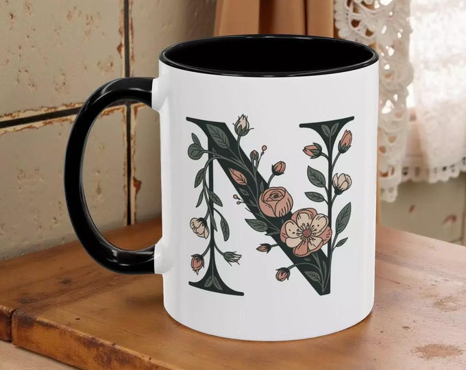 Initial Coffee Mug: Floral Design Letter (Ceramic, White/Black, White/Pink)