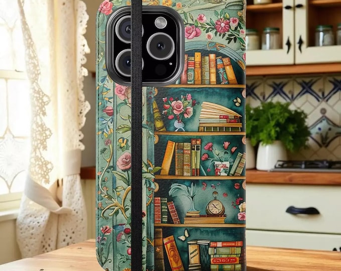 Flip Phone Case: Bookshelf Print with Card Holder (Vegan Leather)