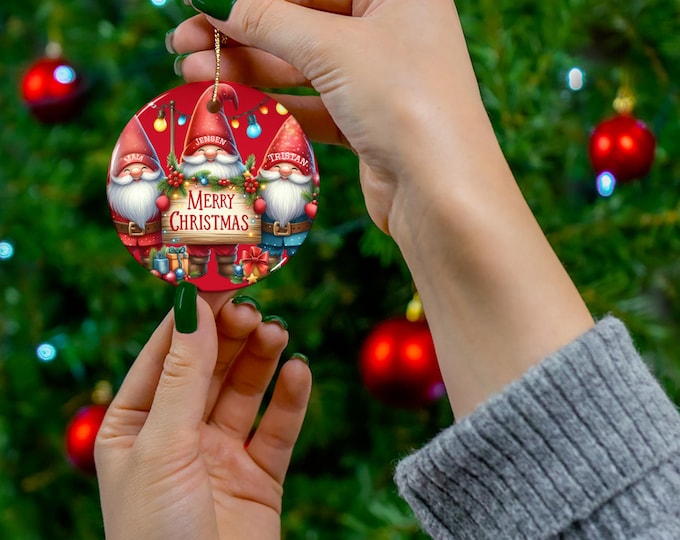 Personalized Ceramic Ornament - Christmas Gnome Round Holiday Decoration - 4 Different Designs