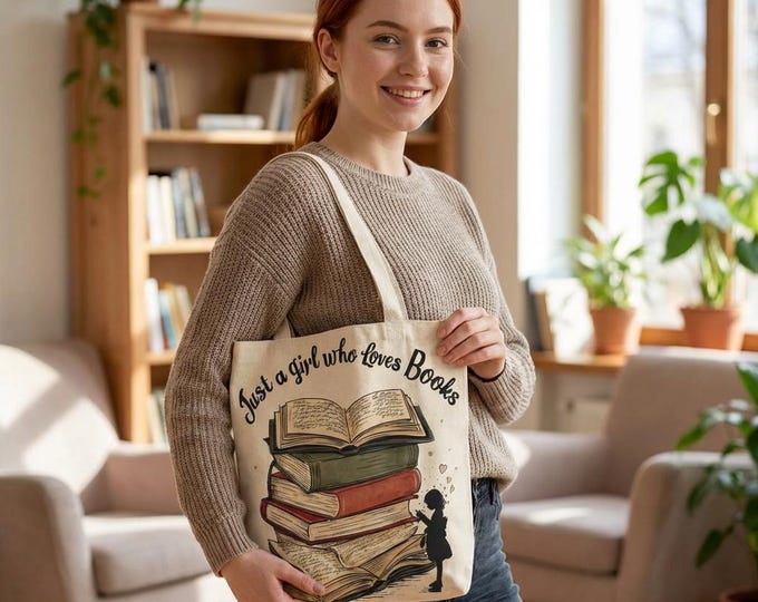 Book Lover Tote Bag – "Just a Girl Who Loves Books" Illustrated Stack - Optional Travel Mug